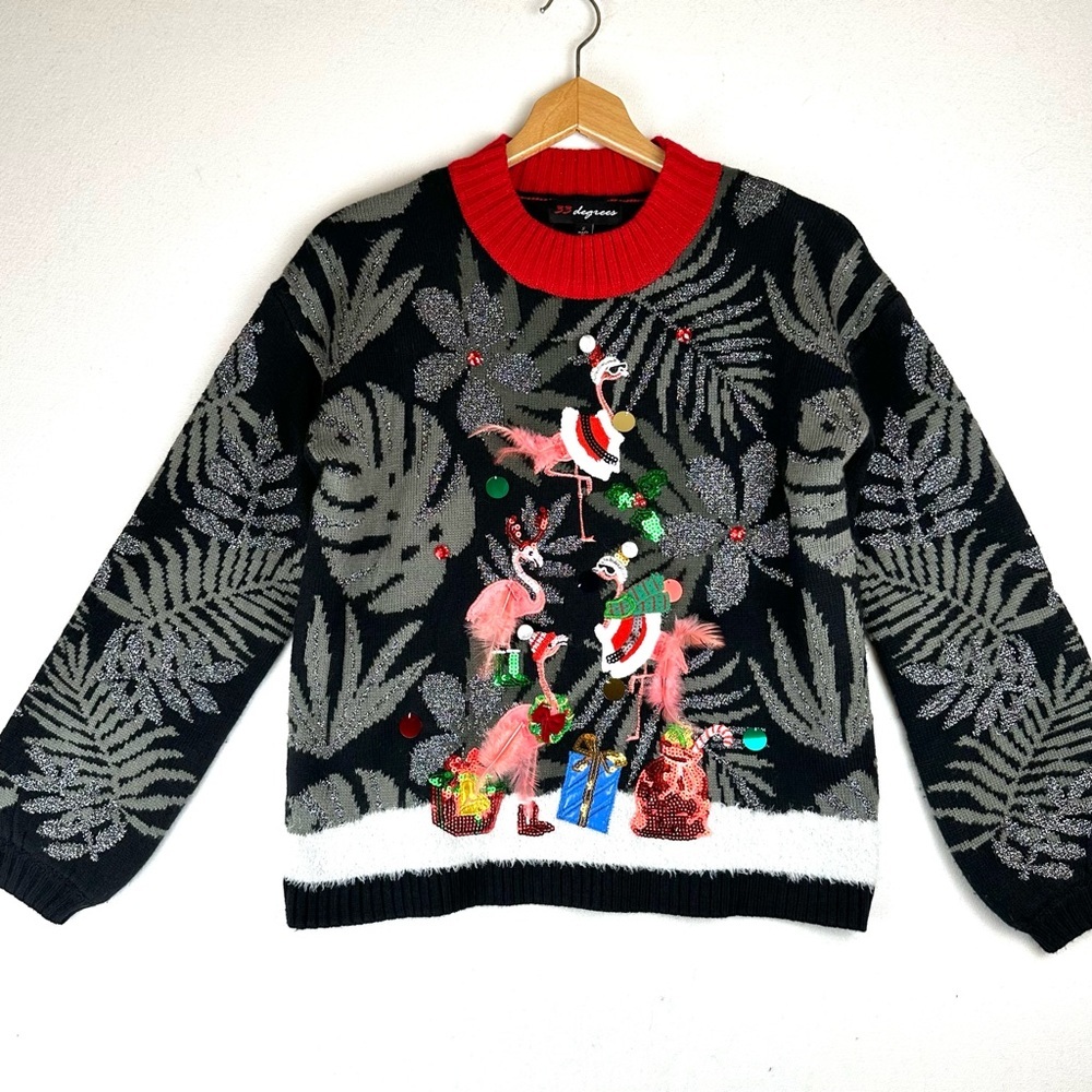 33 Degrees Tropical Flamingos Christmas Sweater Ugly Xmas Holiday